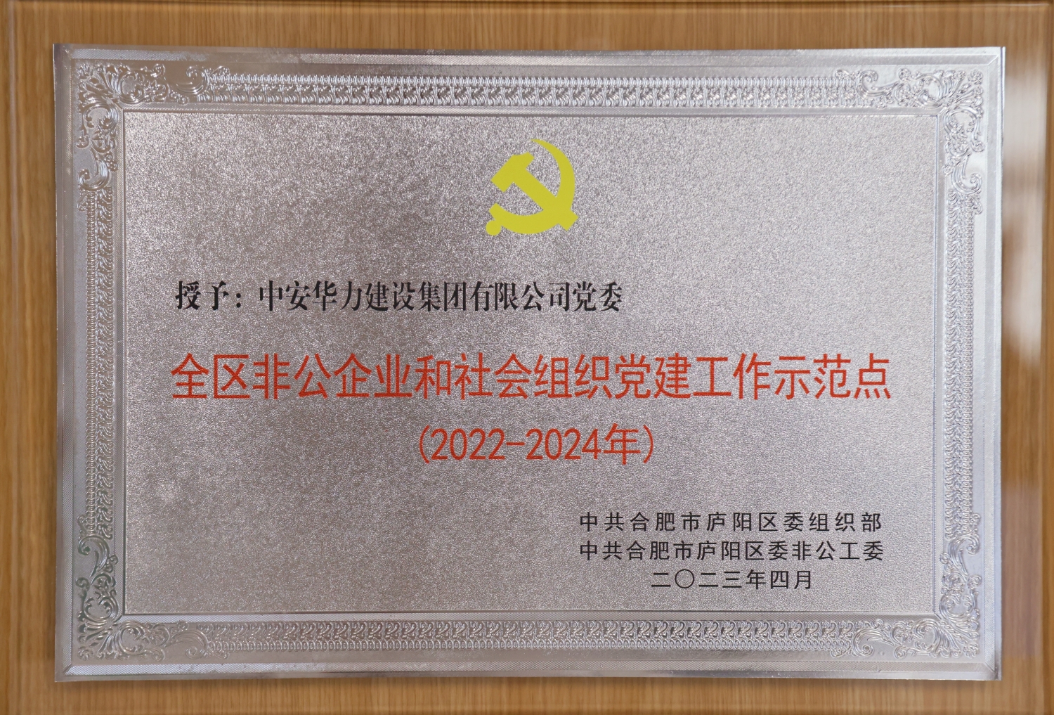 集团党委获授庐阳区非公企业和社会组织党建工作示范点
