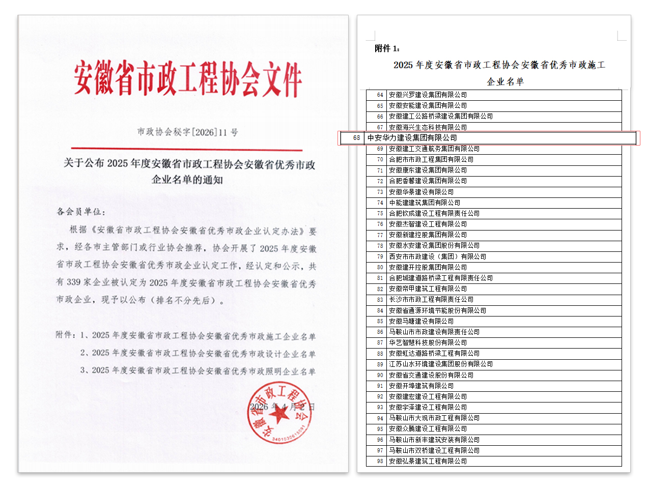 喜报！公司获评2025年度安徽省优秀市政施工企业